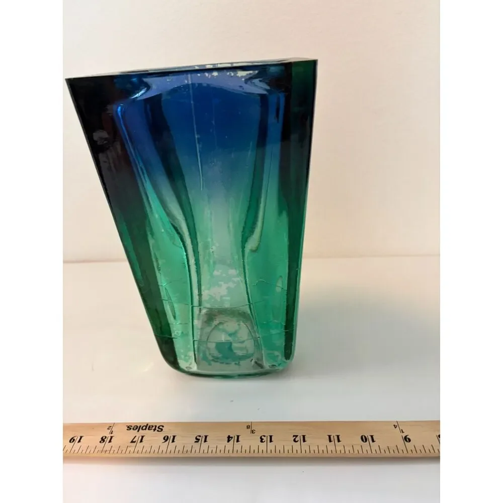 Vtg Murano Sommerso Art vase Green to Blue Lead Crystal Vase 15